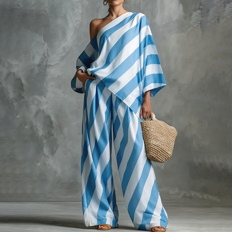 Stylish Retro Striped Printed Top And Wide-leg Pants Set