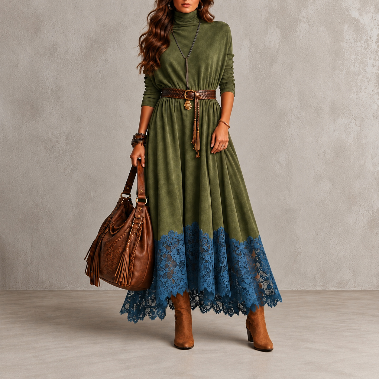 Elegant Suede And Lace Patchwork Maxi Dress