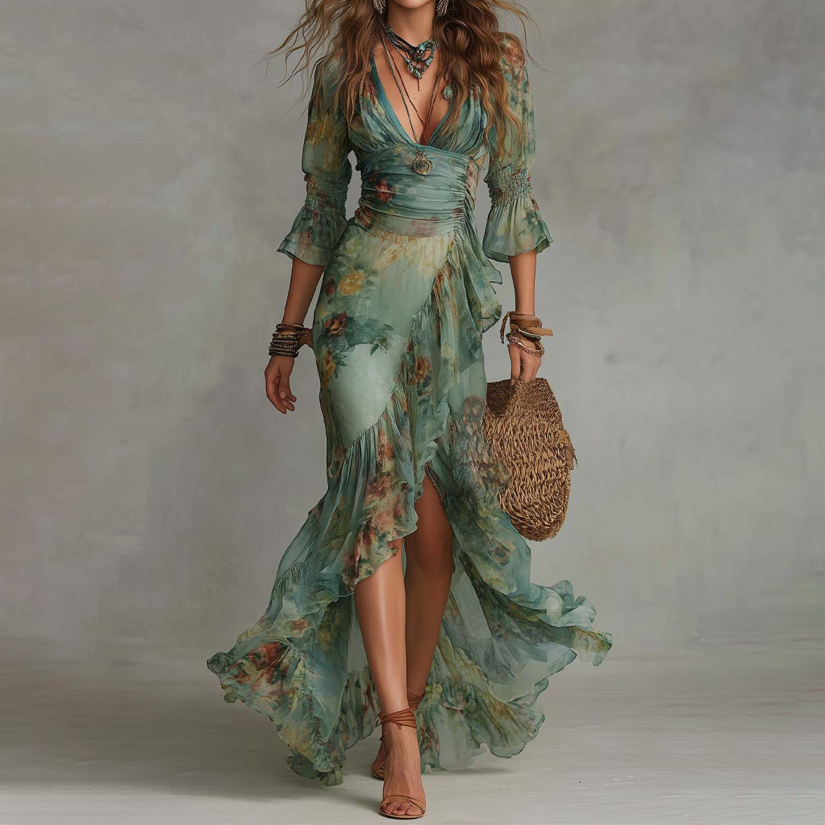 Retro Romantic Floral Wrap Maxi Dress