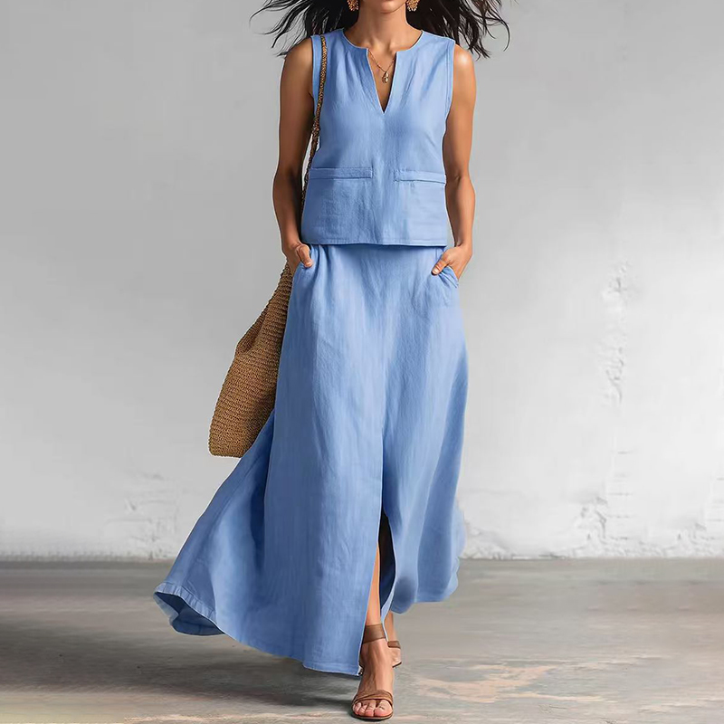 Casual Cotton And Linen V-neck Tank Top And Diagonal Pocket Skirt Two-piece Set