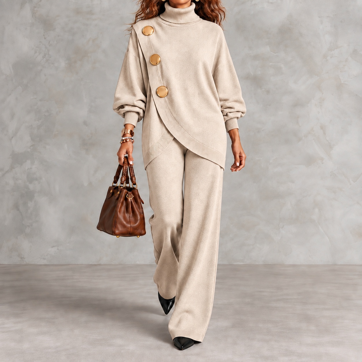 Asymmetric Pocket Button-detail Knit Sweater And Knit Trousers Two-piece Set