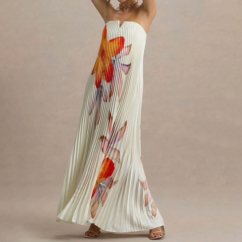Elegant Printed Bandeau Loose Pleated Dress