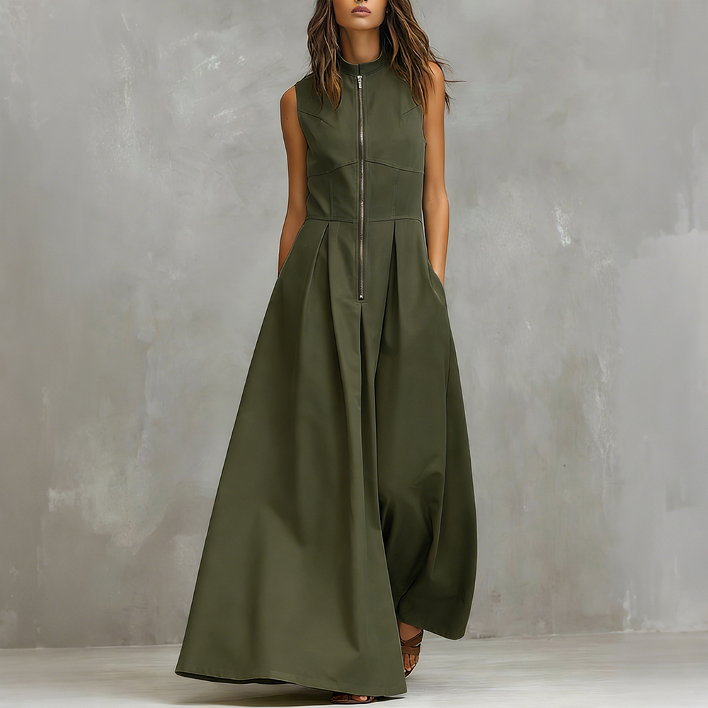 Vintage Round Neck Zip-up Comfy Maxi Dress