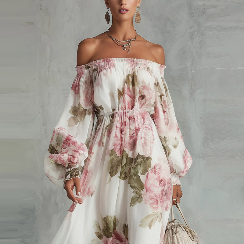 Fashion Printed One-shoulder Lantern Sleeve Elegant Dress