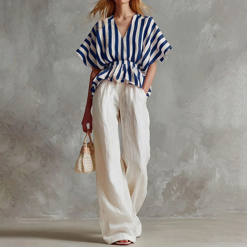 Striped Linen Waist-cinching Top And White Wide-leg Pants Two-piece Set