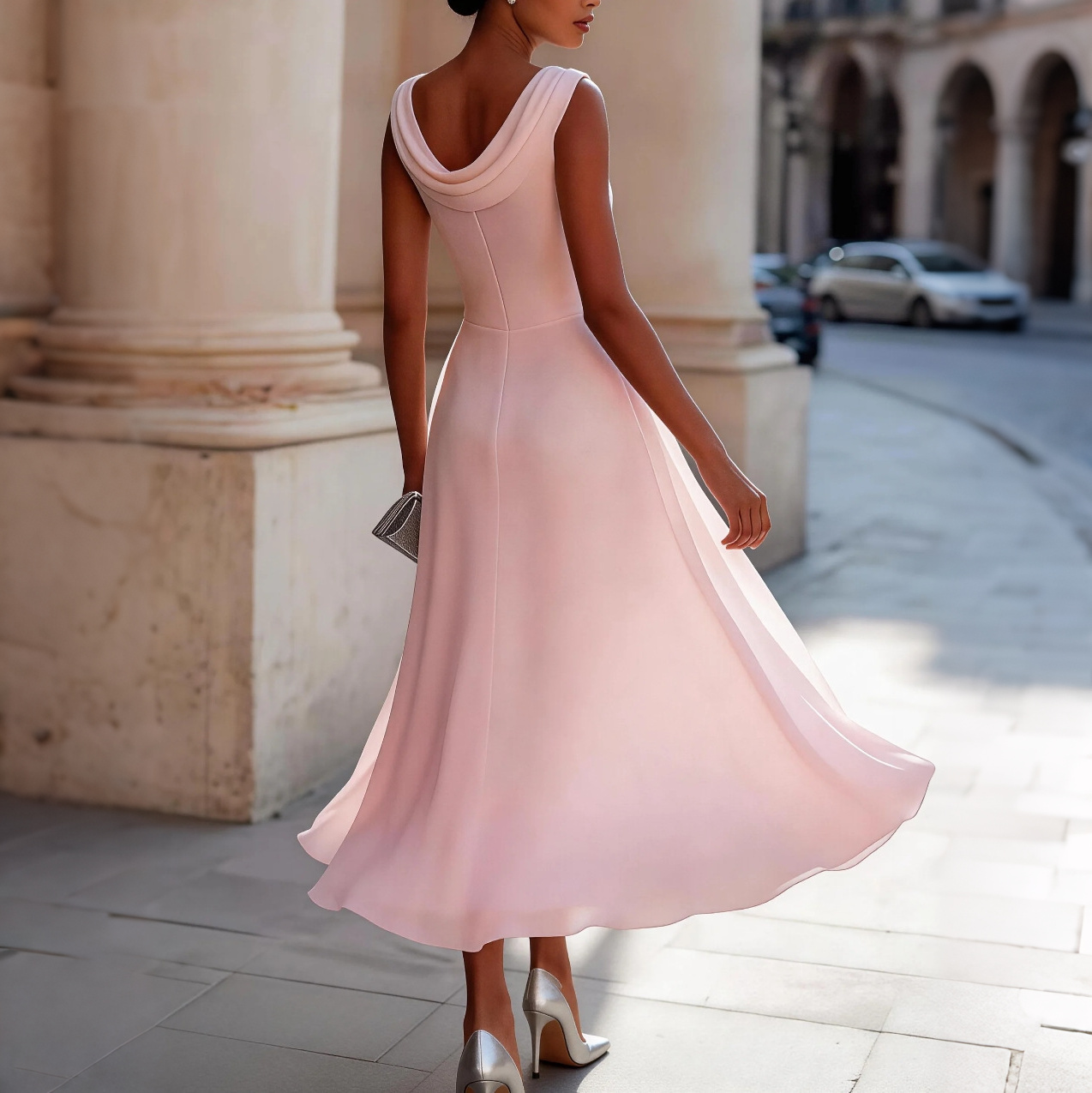 Elegant Stacked Neckline Waist Slimming Midi Dress