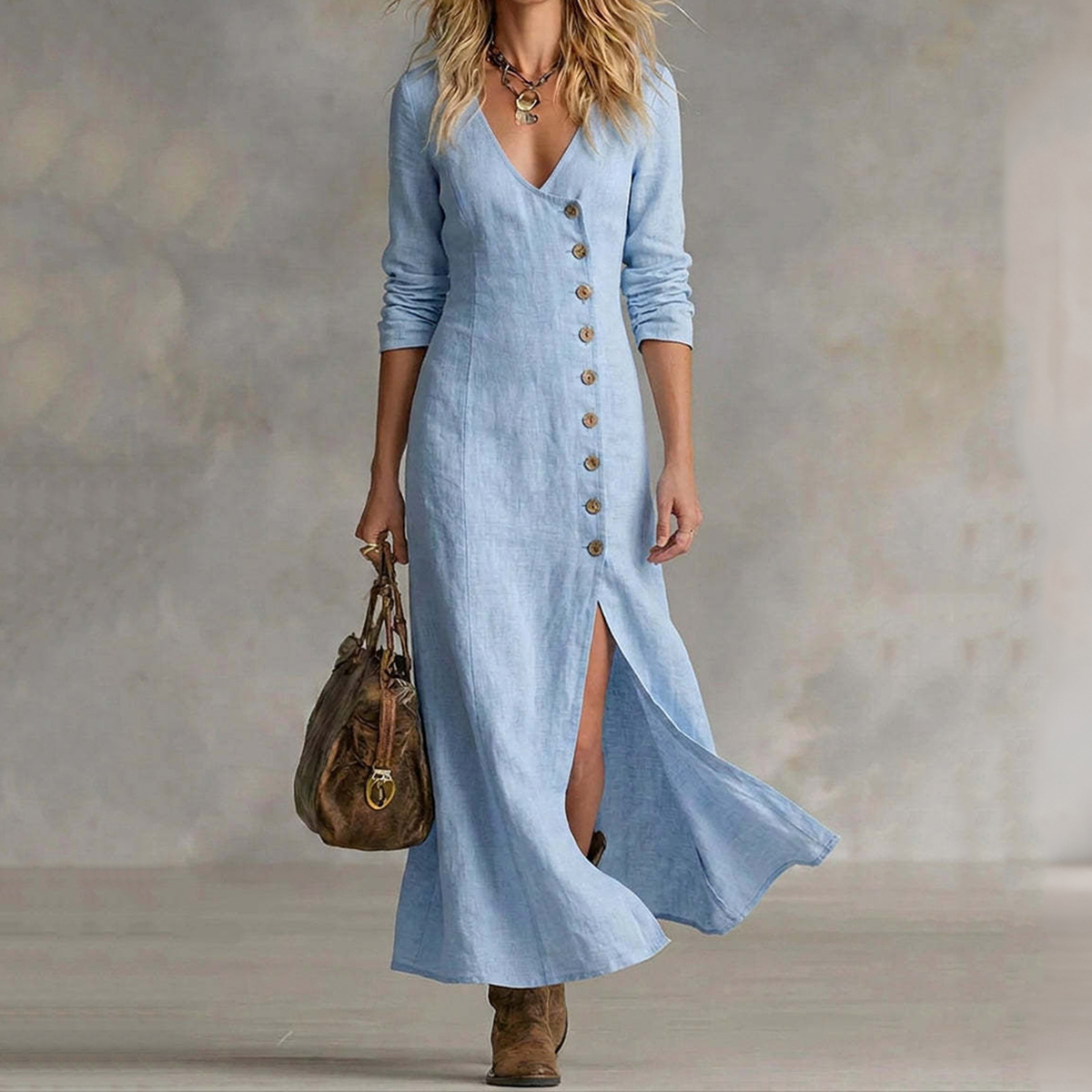 Casual Linen Long-sleeved Button Placket Dress
