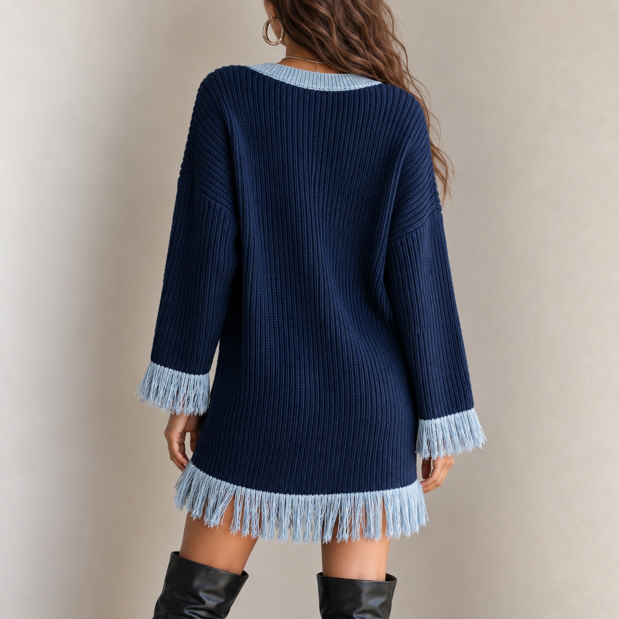 Elegant Color-block V-neck Fringed Knit Dress Midi Dress
