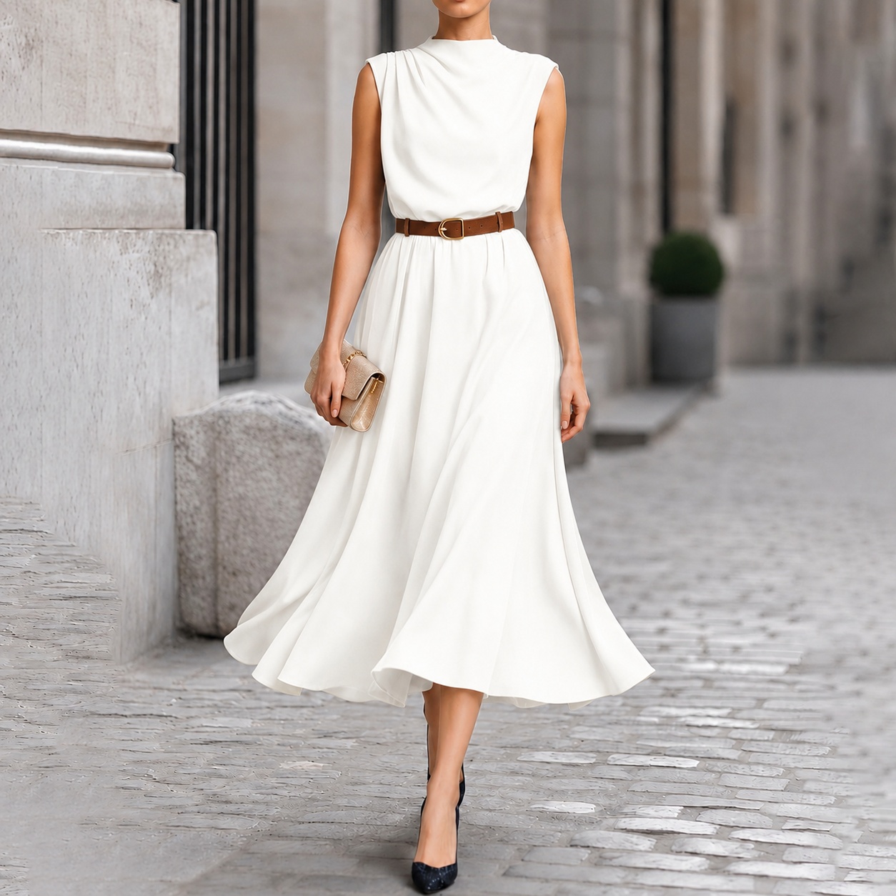 Elegant Solid Color Sleeveless With One-sided Ruching And Belt Maxi Dress