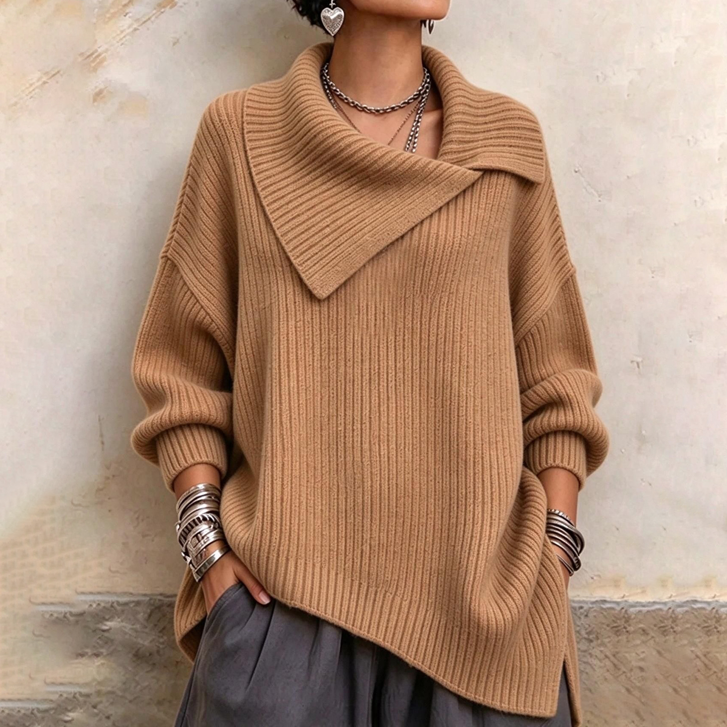 Women's Fall Winter Cozy Asymmetric-neck Ribbed Knit Pullover Top
