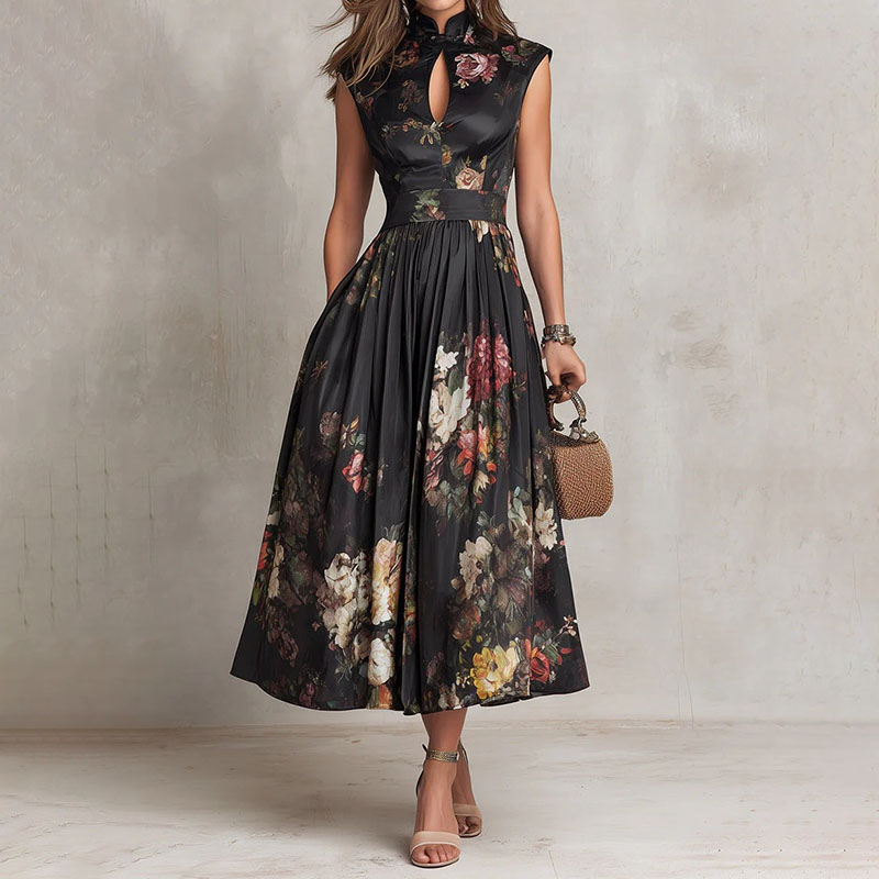 Elegant Floral Pattern Fitted Sleeveless Midi Dress