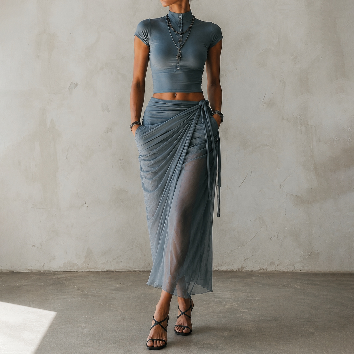 Stand-up Collar Button-down Top And Flowing Tulle Skirt Set