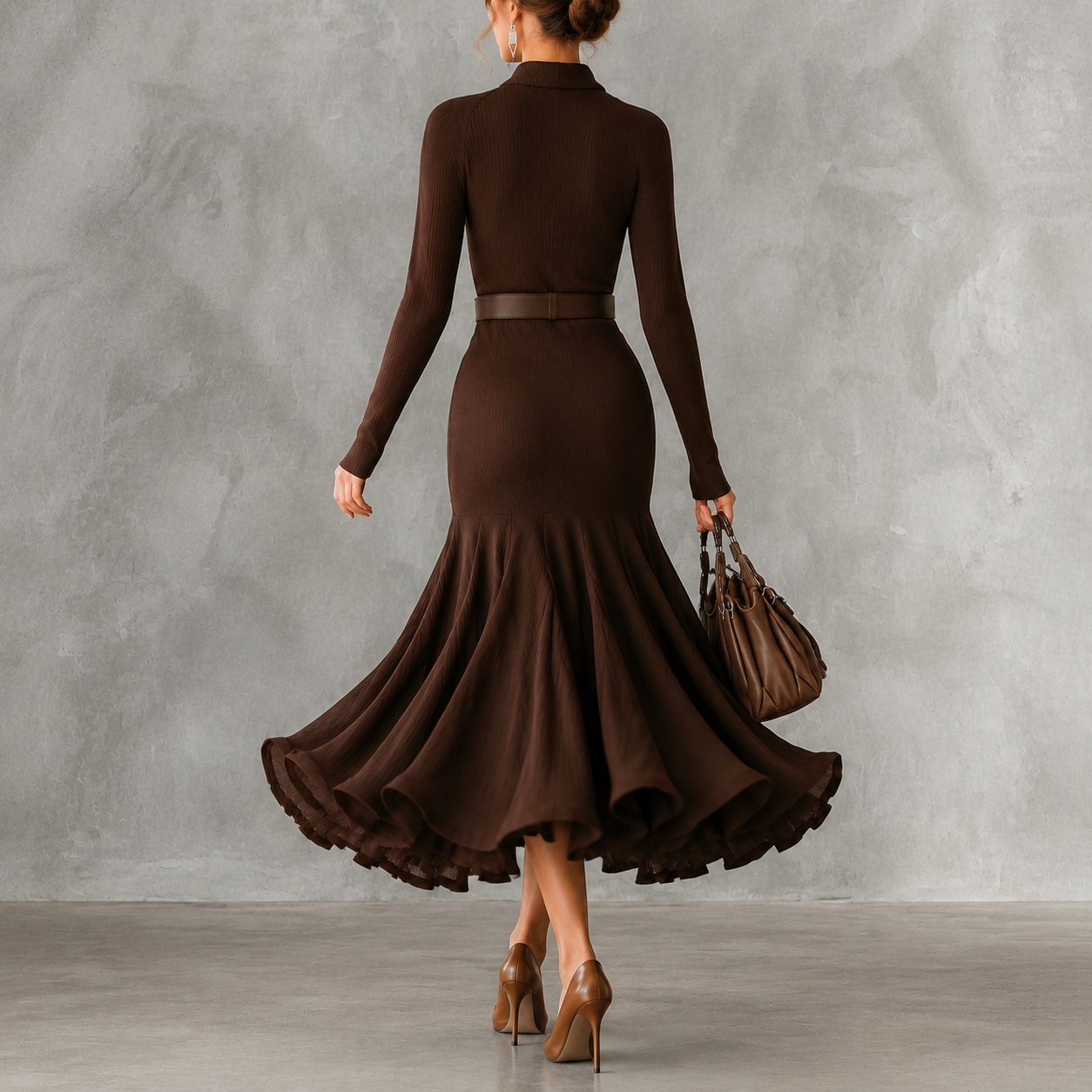 Wrap V Neck Long Sleeve Without Belted Midi Dress