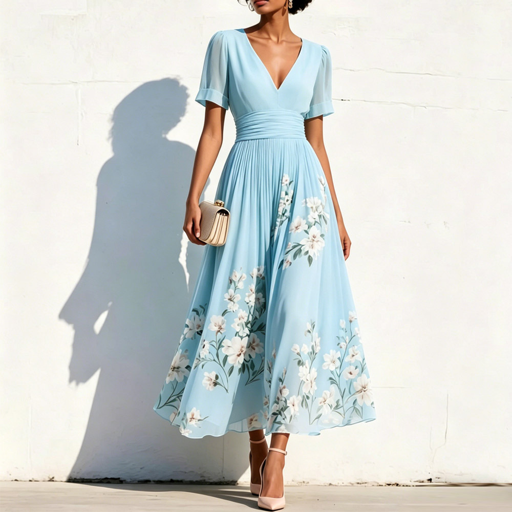 Elegant Floral Print V-neck Short Sleeves Pleated Dress