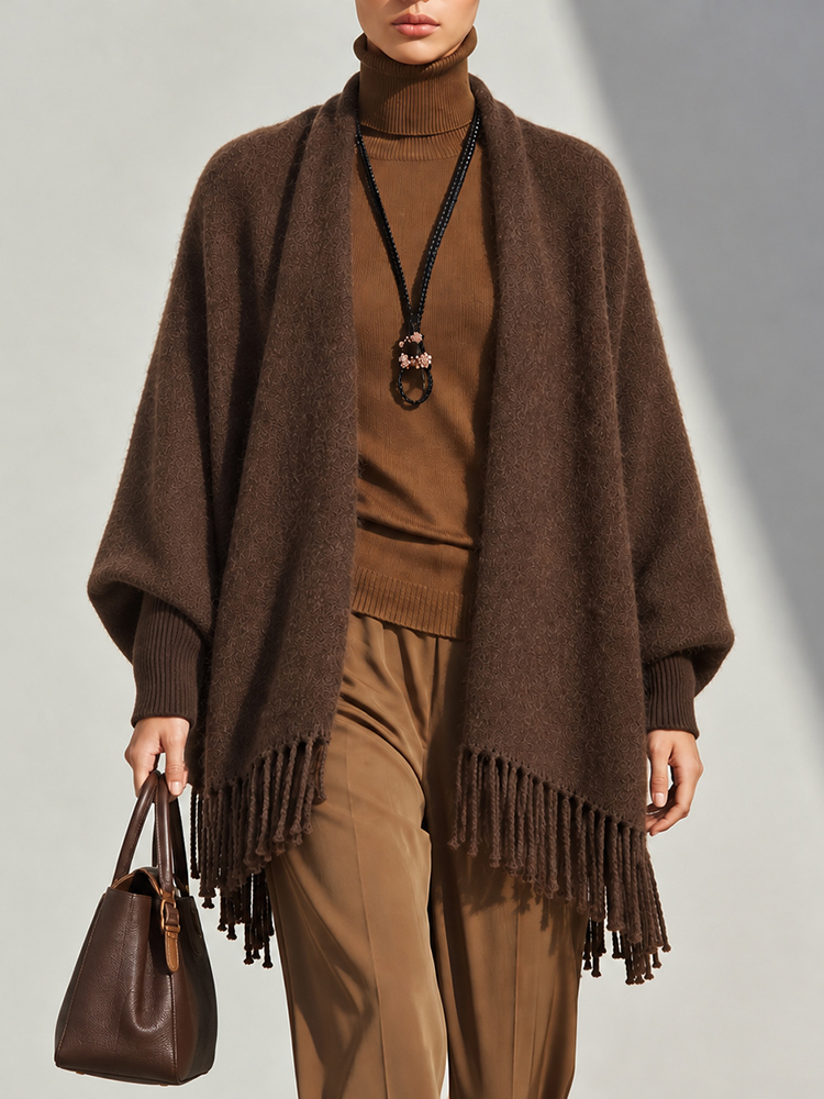 Elegance Yak And Cashmere Blend Batwing-sleeve Knitted Cardigan Shawl With Tassels