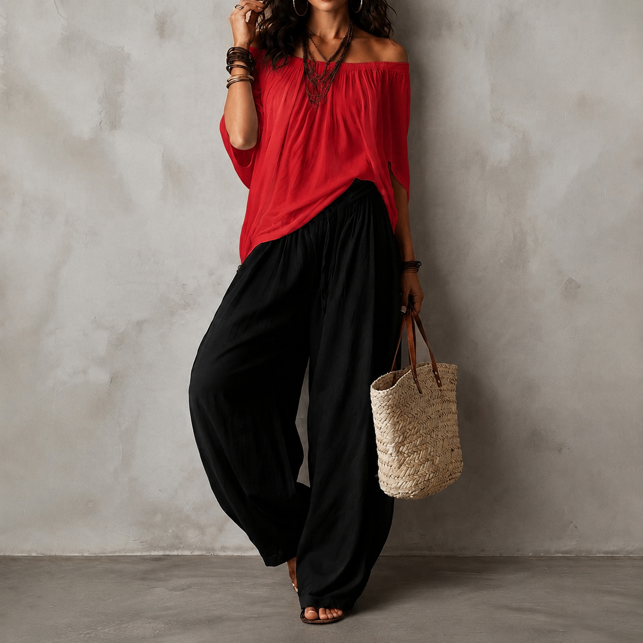 Retro Two-piece Set Wide-leg Pants + Off-the-shoulder Top