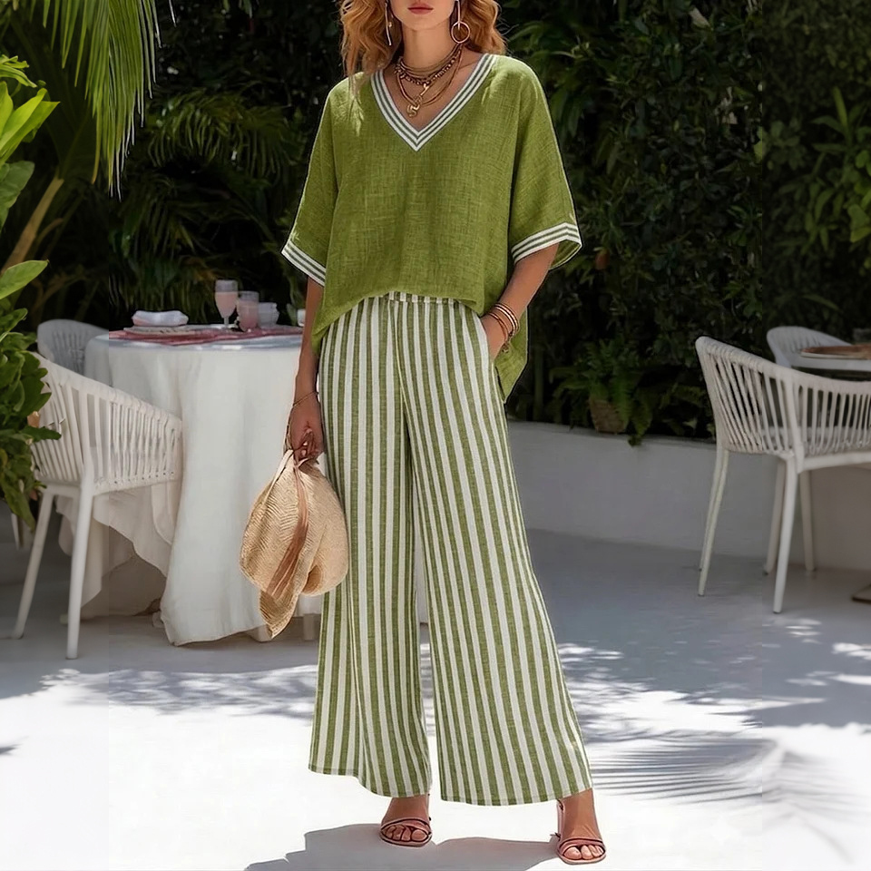 Loose V-neck Short-sleeved Top And Striped Wide-leg Pants Two-piece Set
