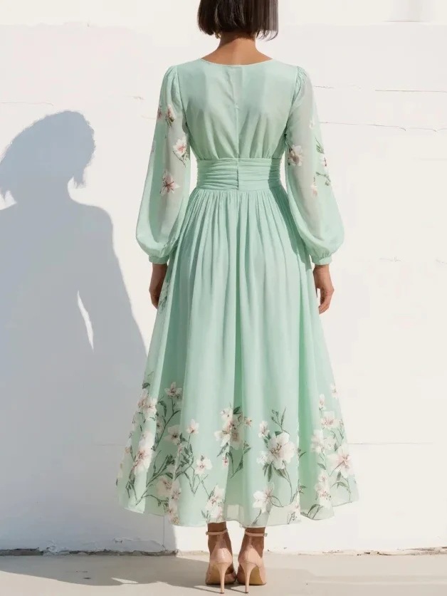 Elegant Floral Print Long-sleeved V-neck Pleated Dress