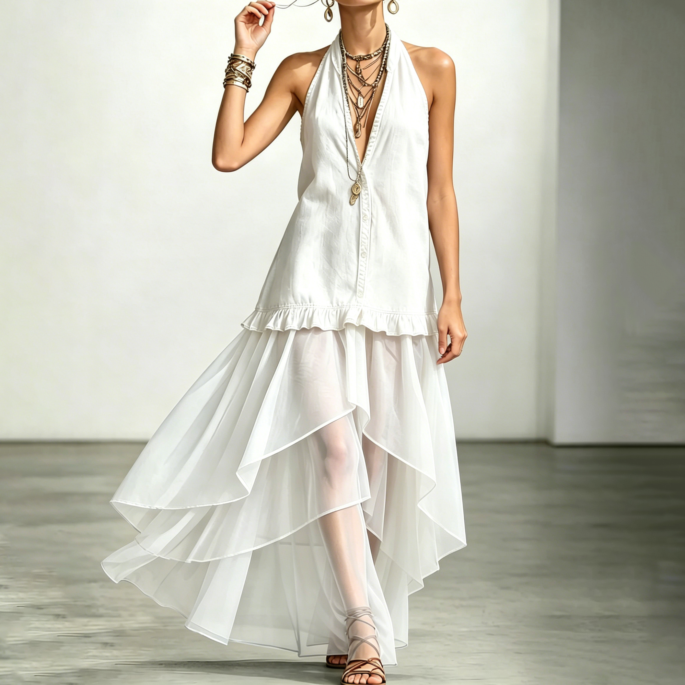 Retro Mesh Irregular Splicing Halter V-neck Maxi Dress