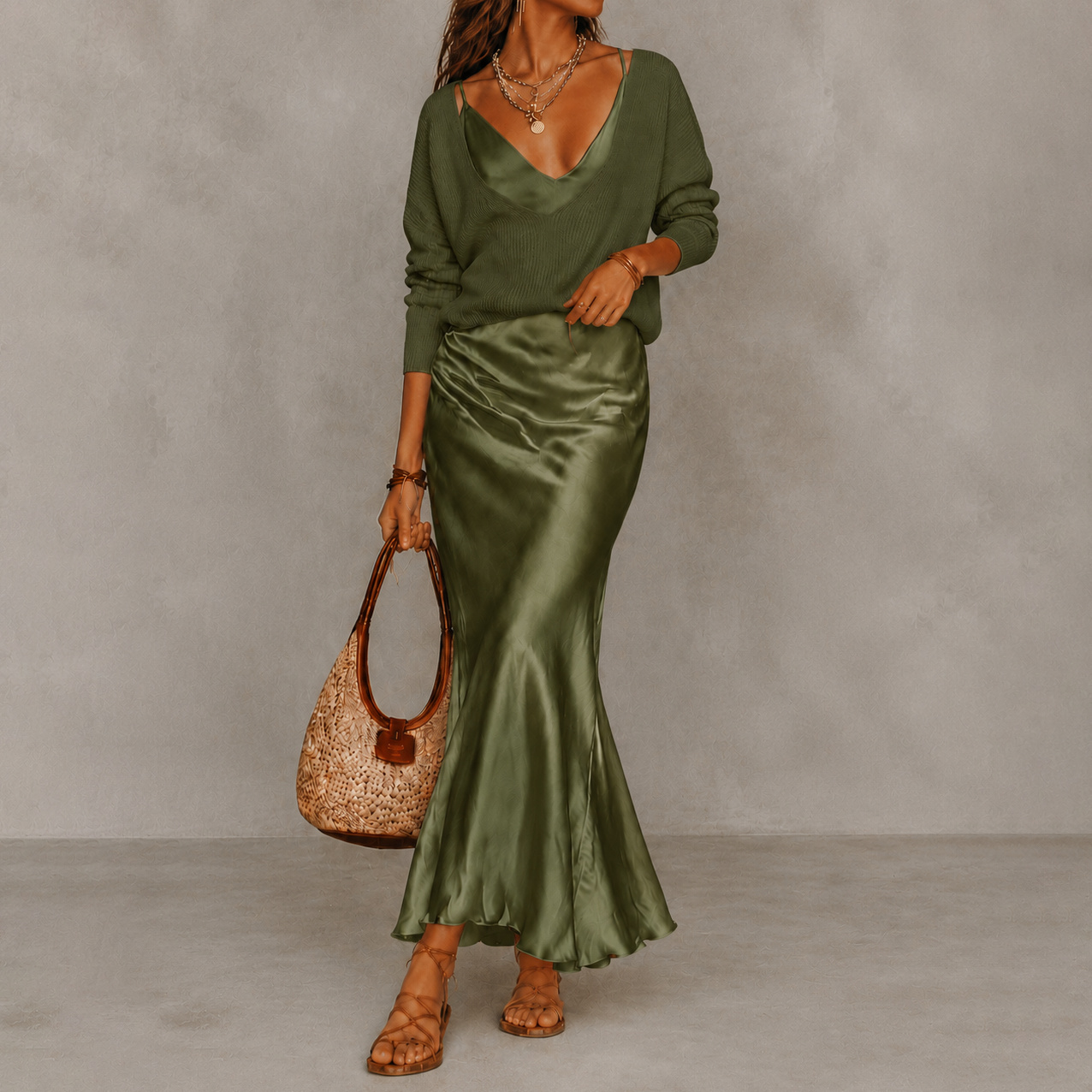 V-Neck Knit Sweater Satin Maxi Skirt Two-piece Set