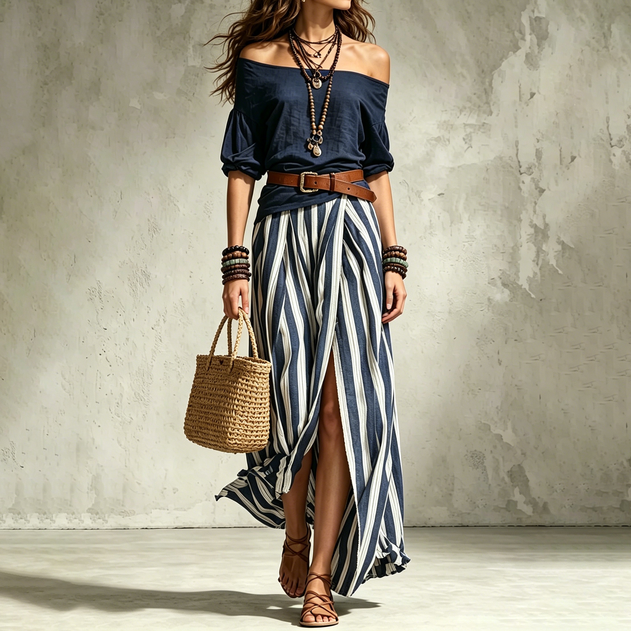 Vacation Off-the-shoulder Top And Slit Skirt With Belt Two-piece Set