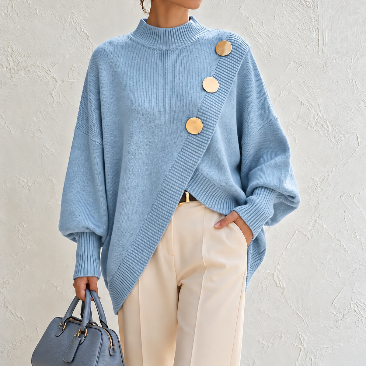 Elegant Solid-color Long-sleeve Sweater With An Asymmetrical Design