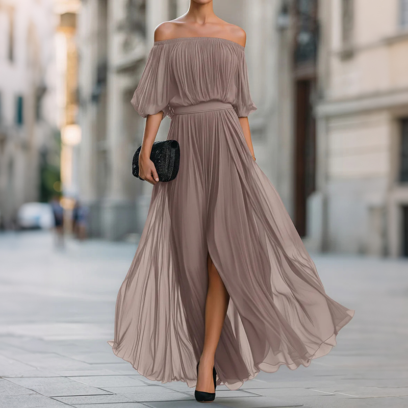 Off-shoulder Pleated Chiffon Maxi Dress