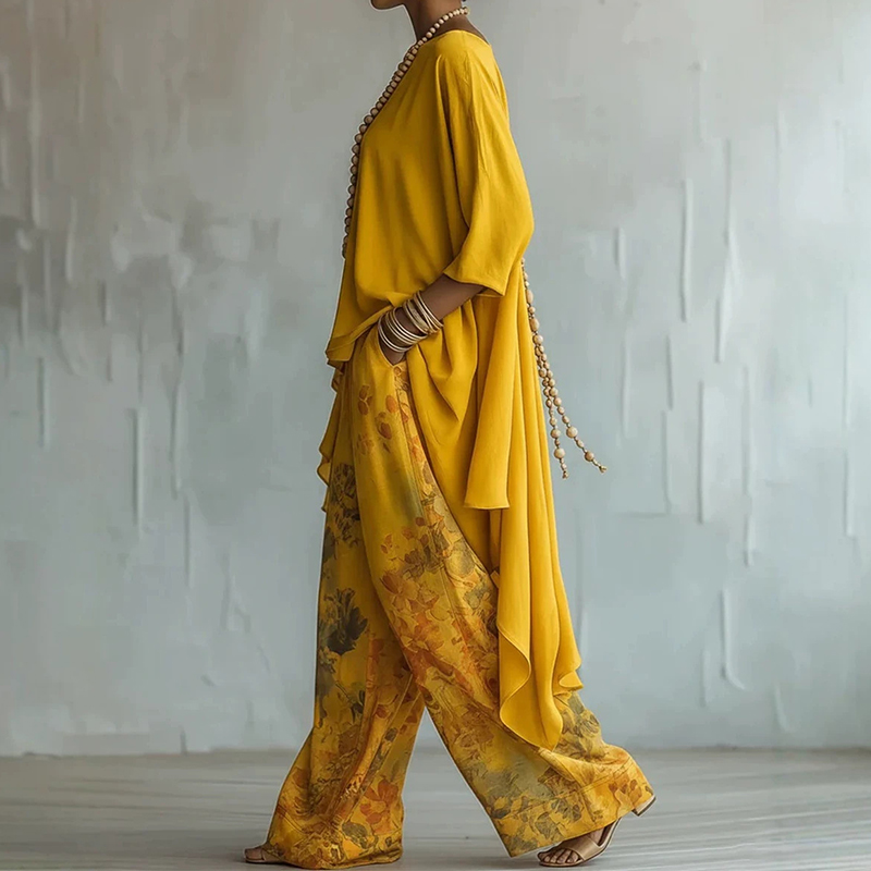 Elegant Flower Print Irregular Shirt And Wide Leg Pants Two Piece Set