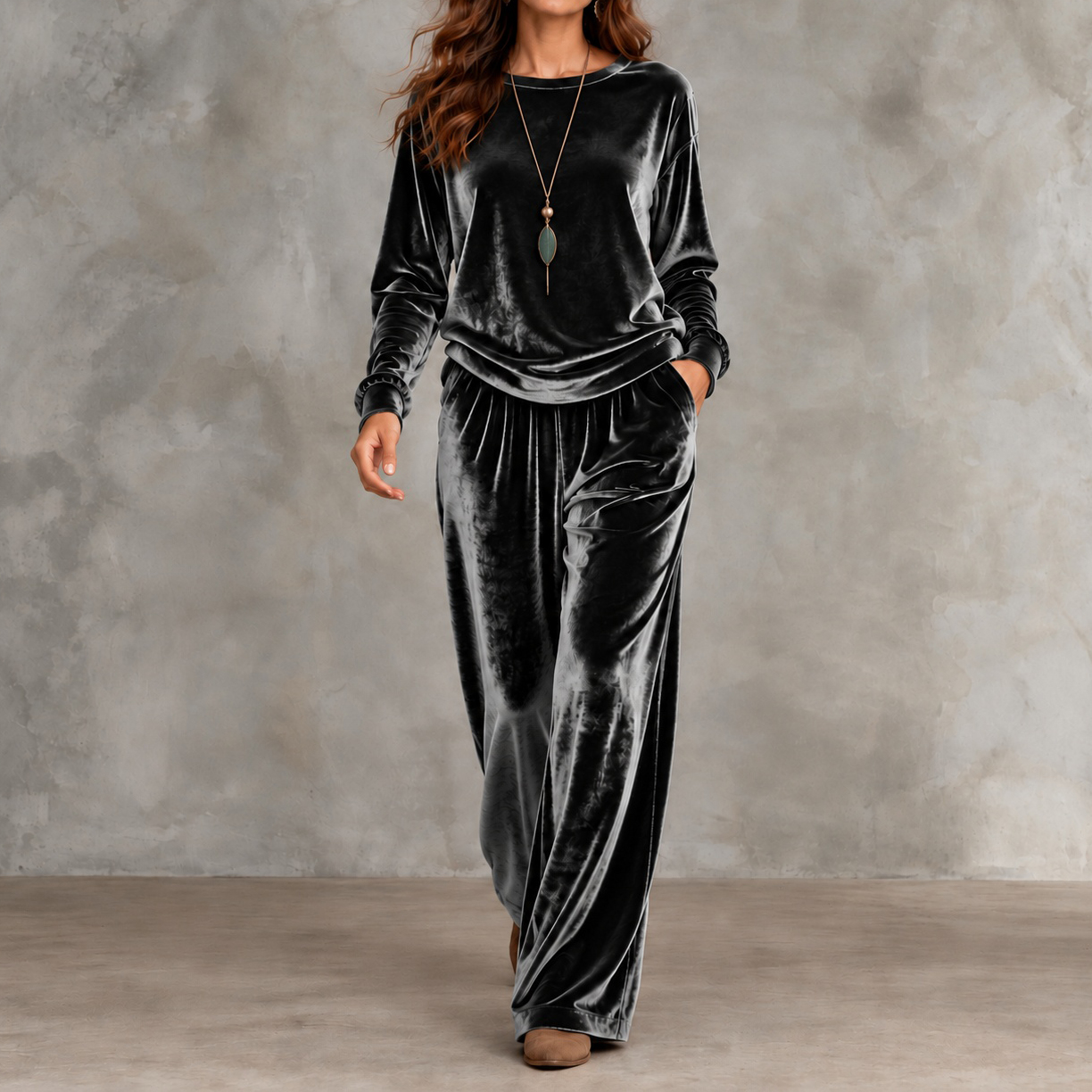 Elegance Velvet Long-sleeved Crew-neck Pullover And Trousers Set