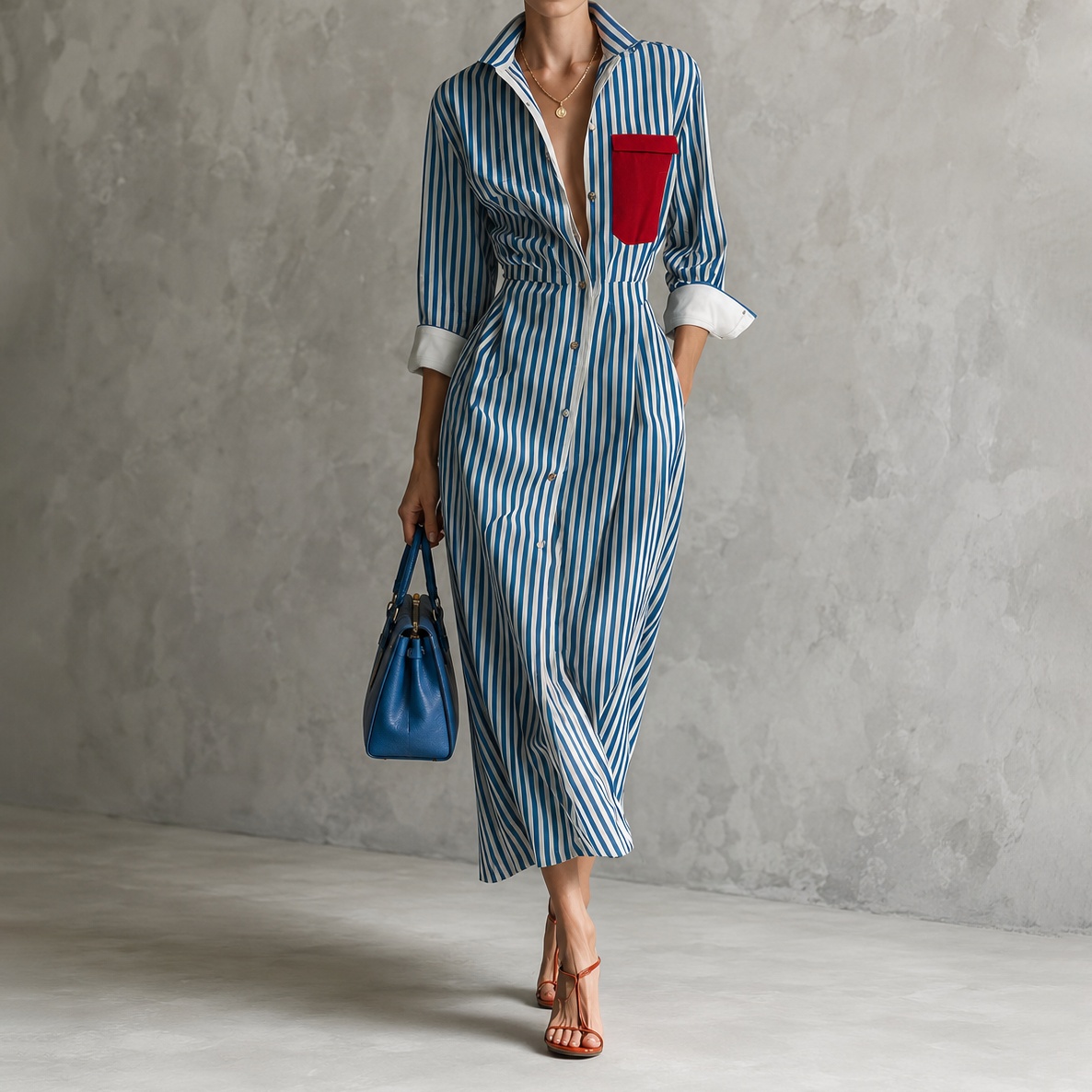 Elegant Striped Front-opening Long Shirt  Maxi Dress