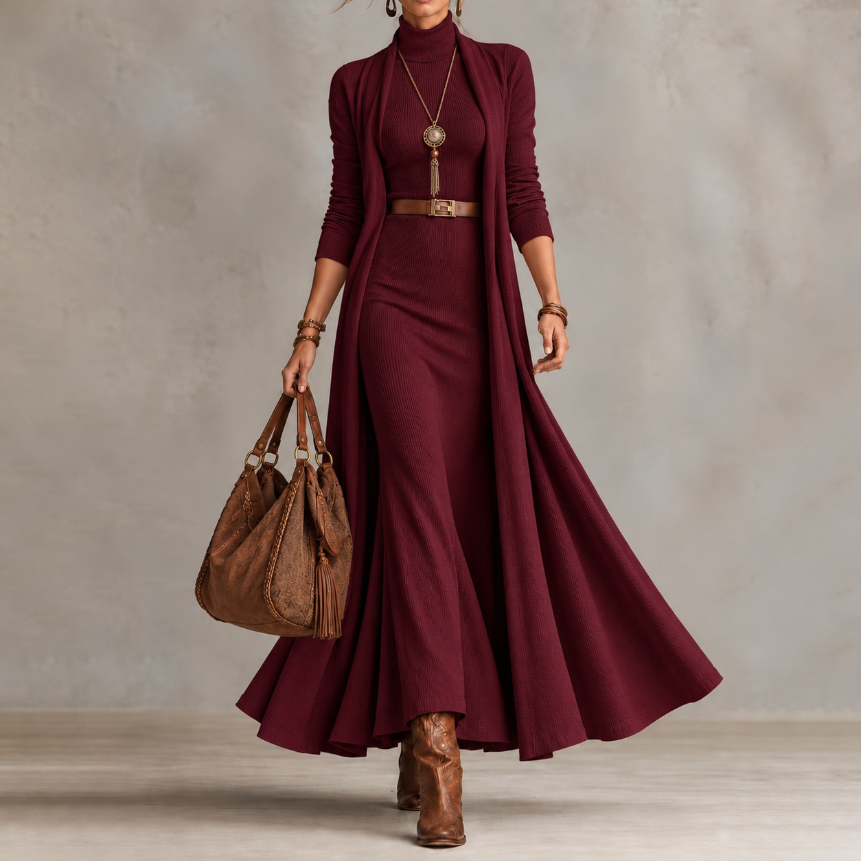 Elegant Turtleneck Dress And Cardigan Sweater Set