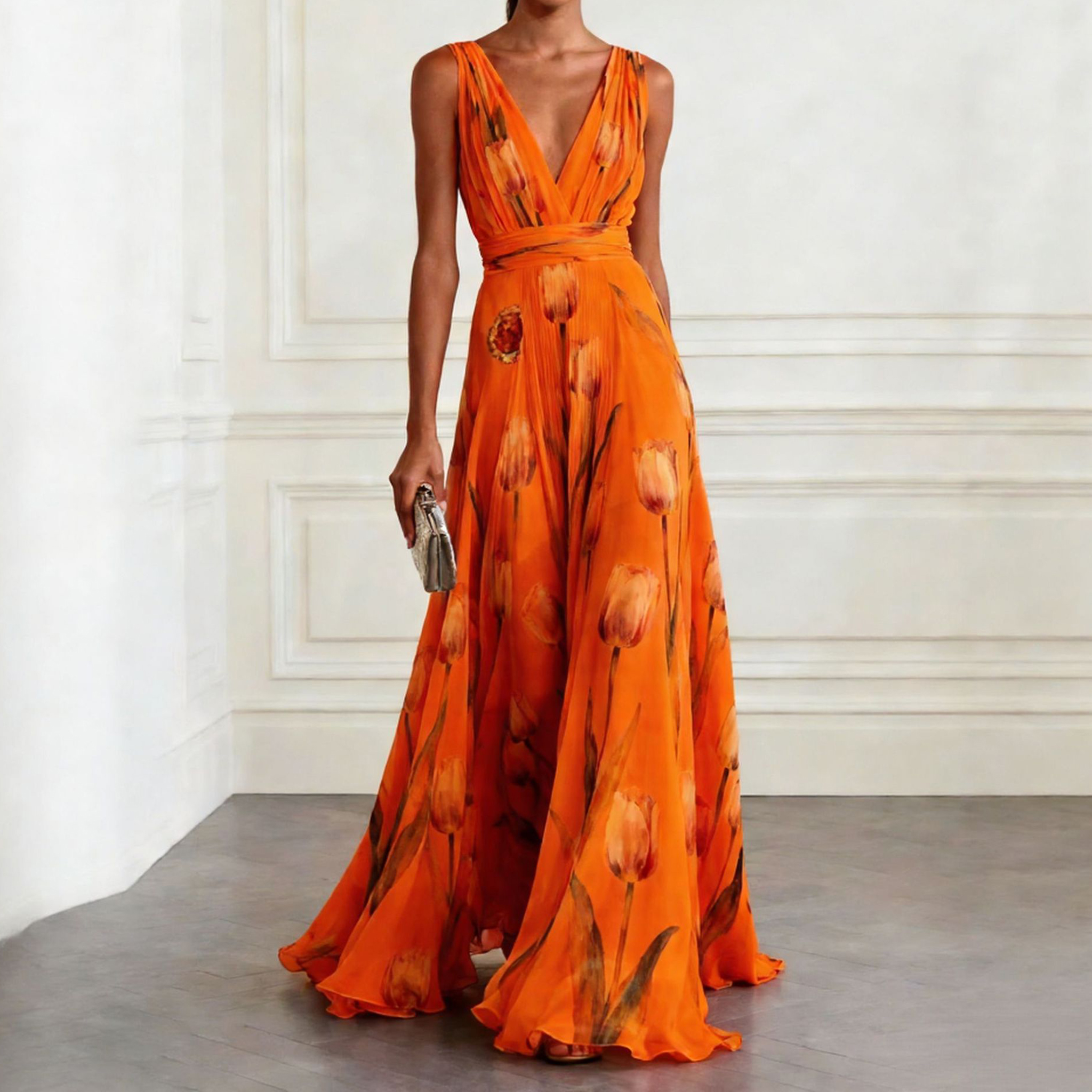 Tulip Print Sleeveless V-neck Maxi Dress