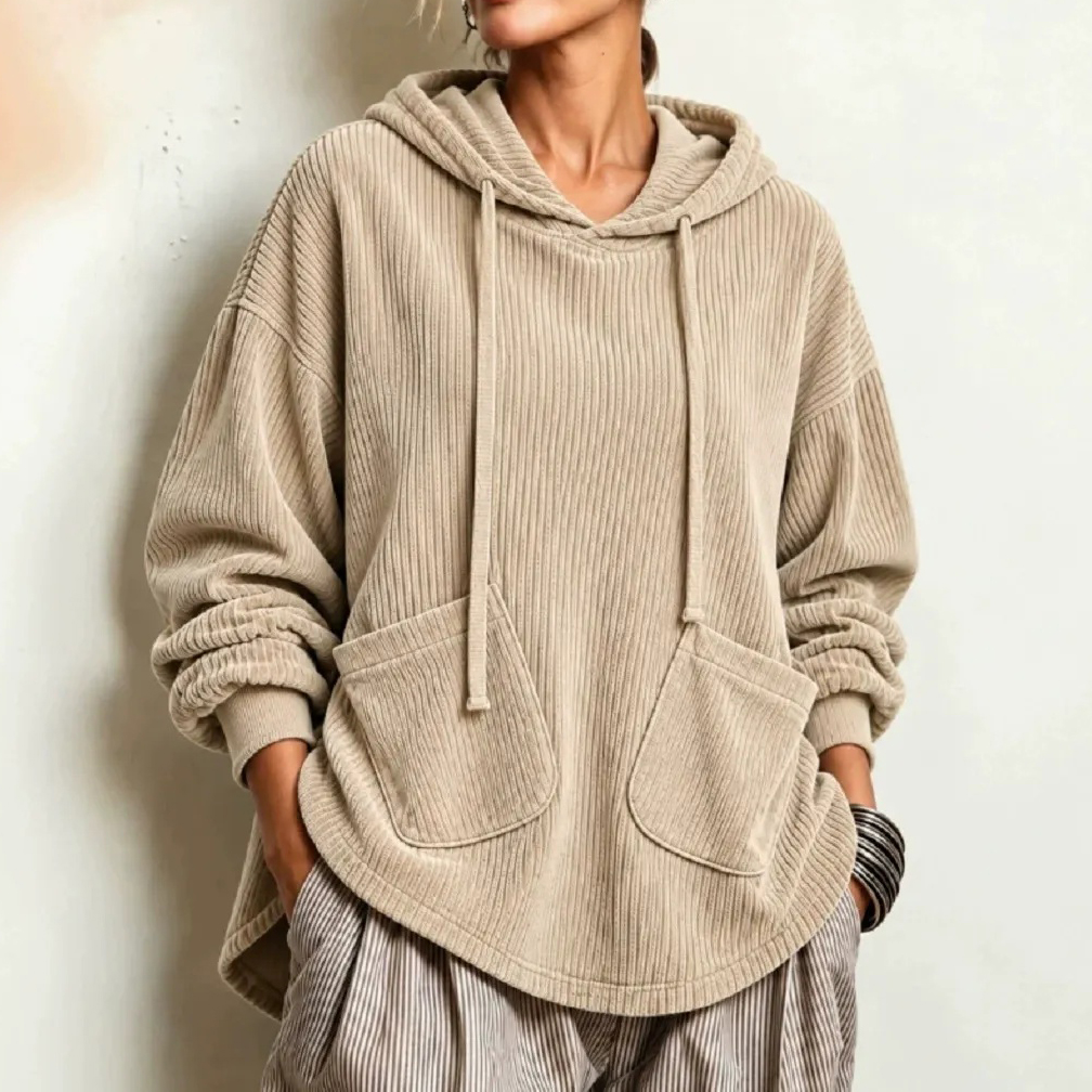 Women's Fall Winter Cozy Pocket Corduroy Hooded Top