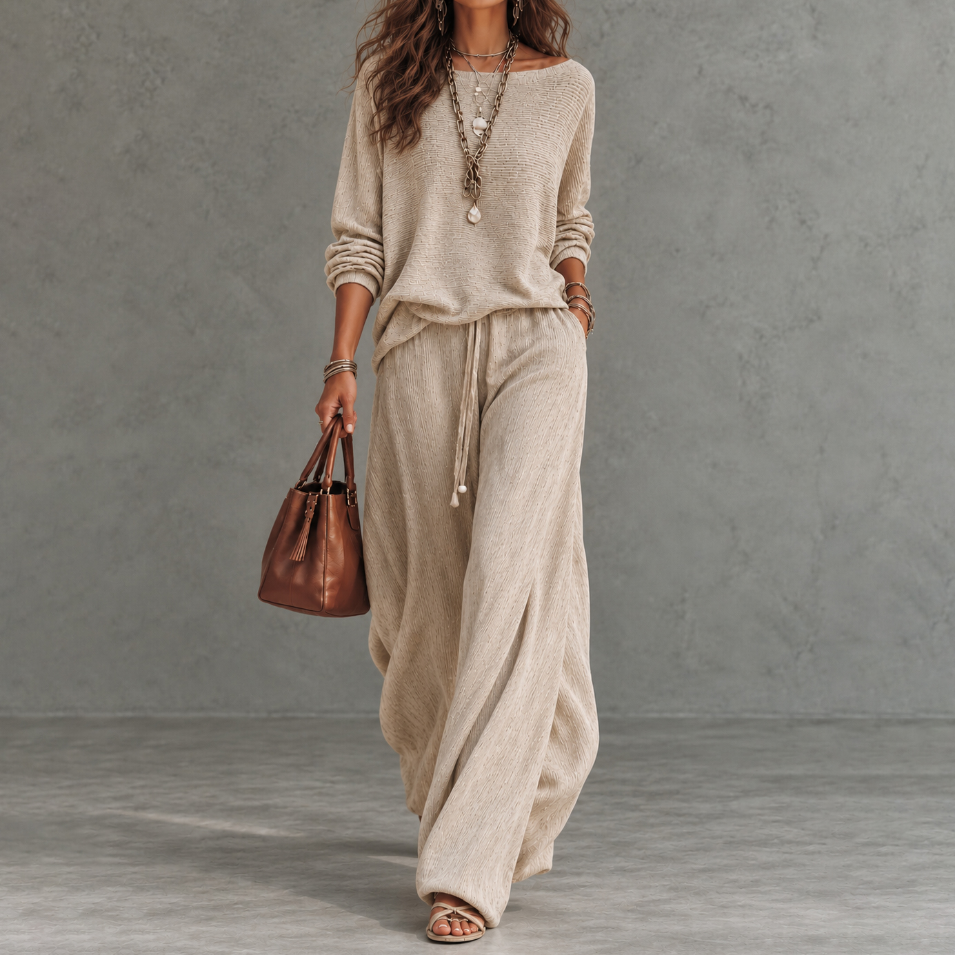 Elegance Boat-neck Dropped-shoulder Long-sleeve Top And Wide-leg Pants Set
