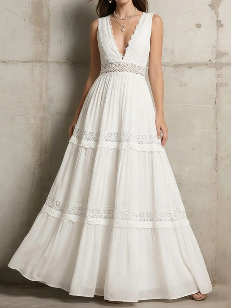 Women's Delicate Lace Hook And Lace Up Sides Maxi Dress