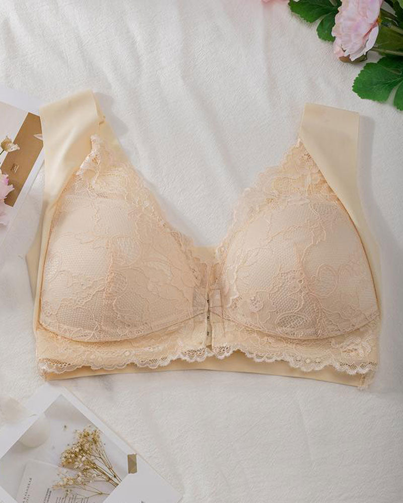 Women's Contrast Lace Hook & Eye Front Pushup Bra