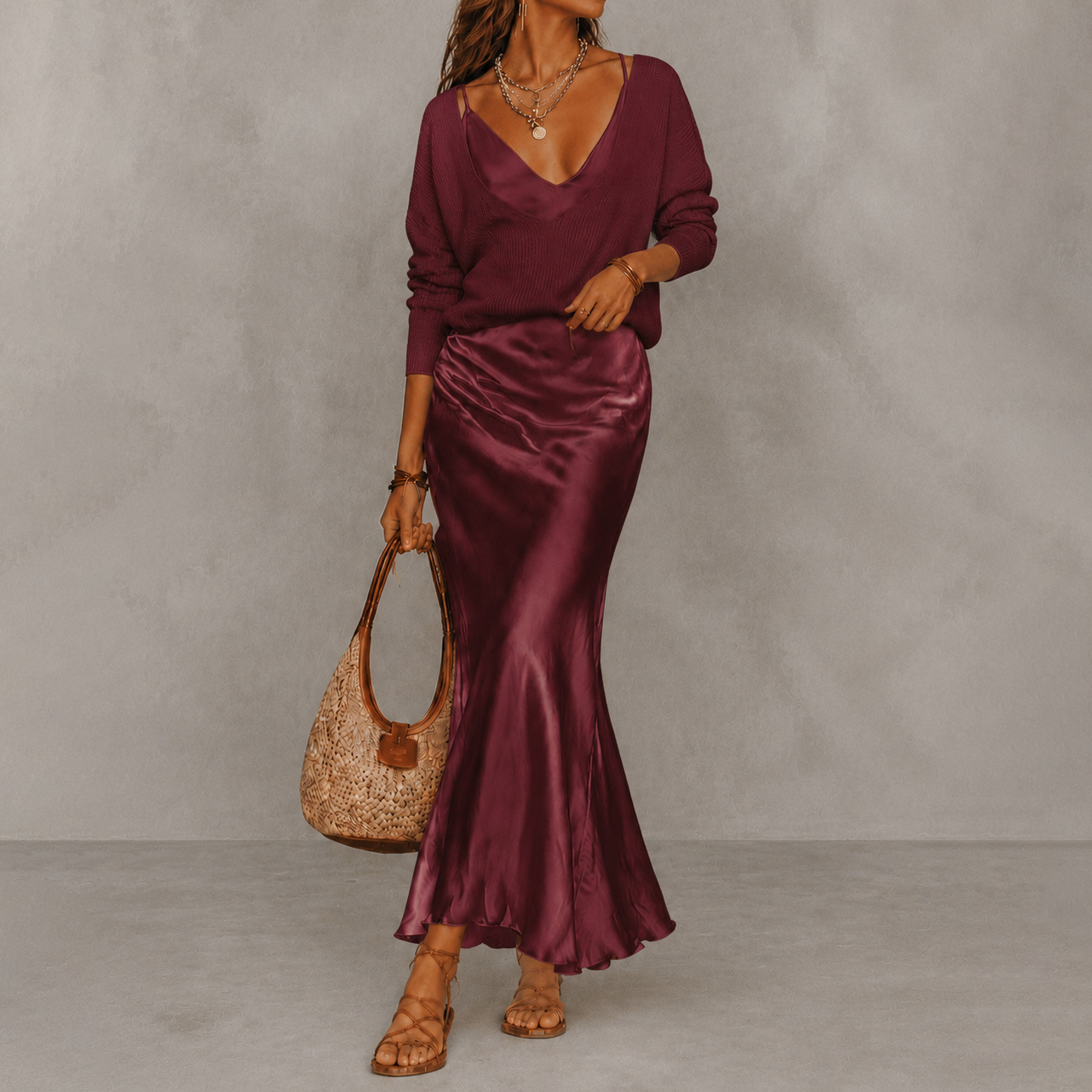 V-Neck Knit Sweater Satin Maxi Skirt Two-piece Set