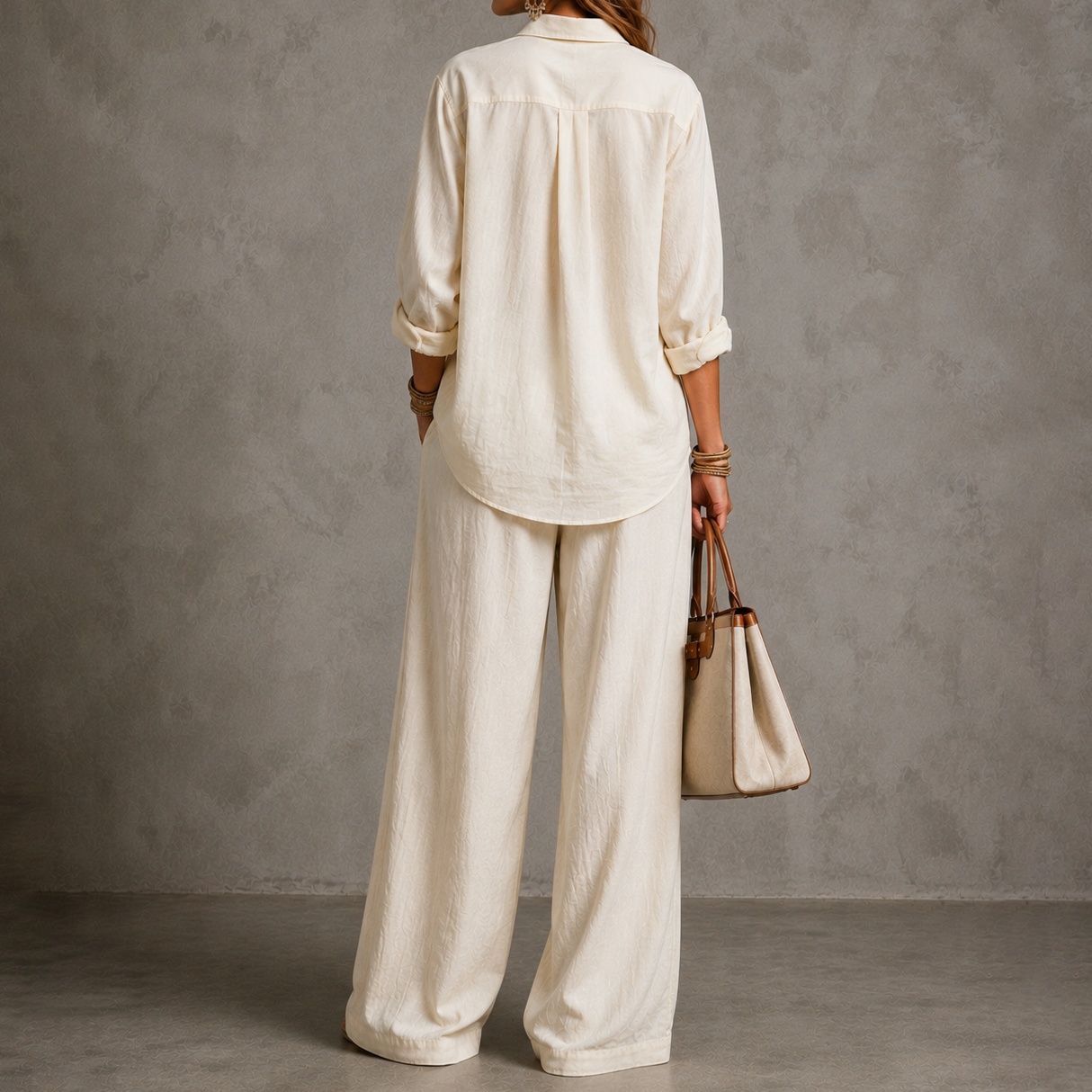 Elegance Long-sleeved Shirt + Wide-leg Pants Two-piece Set