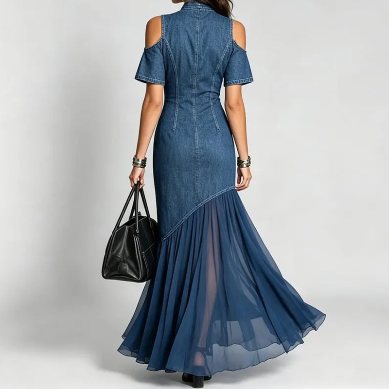 Women's Denim Short Sleeve Patchwork Waist Dress