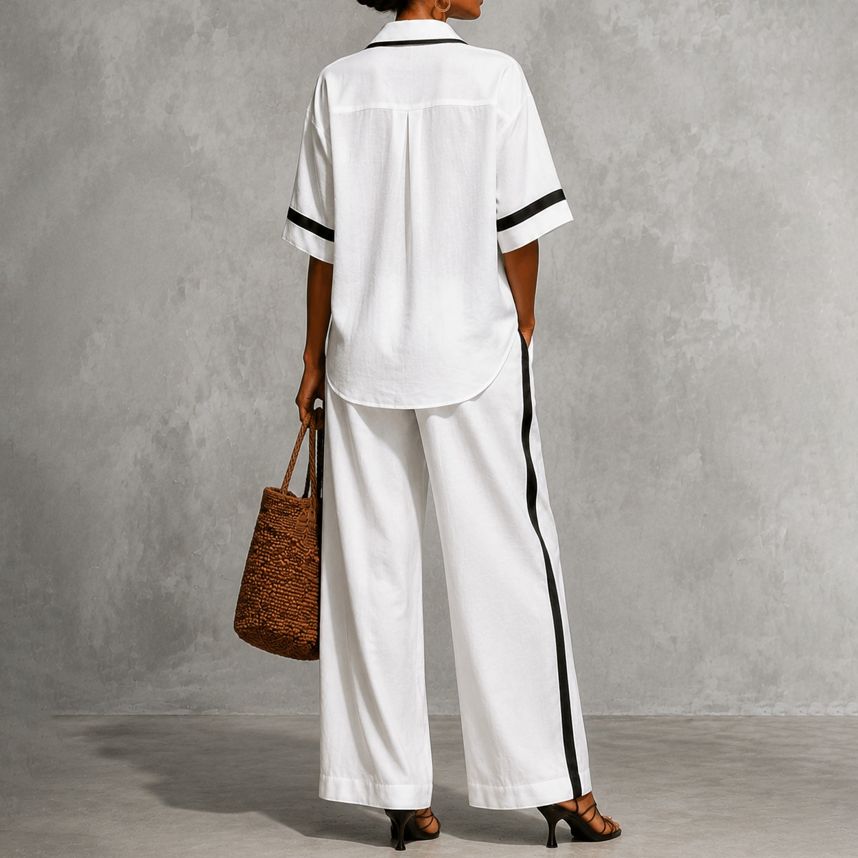 Elegance Two-piece Set Of Color-blocked Short-sleeved Shirt And Wide-leg Pants