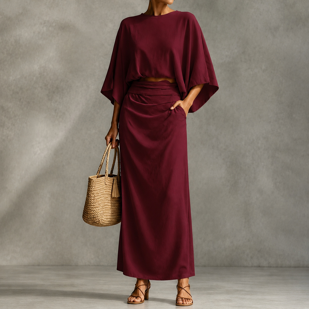 Elegance Two-piece Set: Rund Neck Long-sleeved Loose Top + High-waisted Skirt