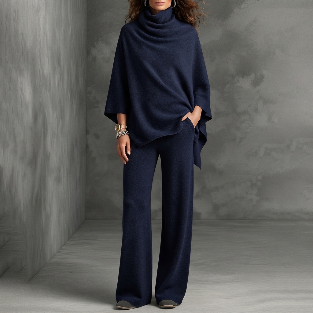 Retro Turtleneck Cape Cloak Top And Wide-leg Pants Two-piece Set