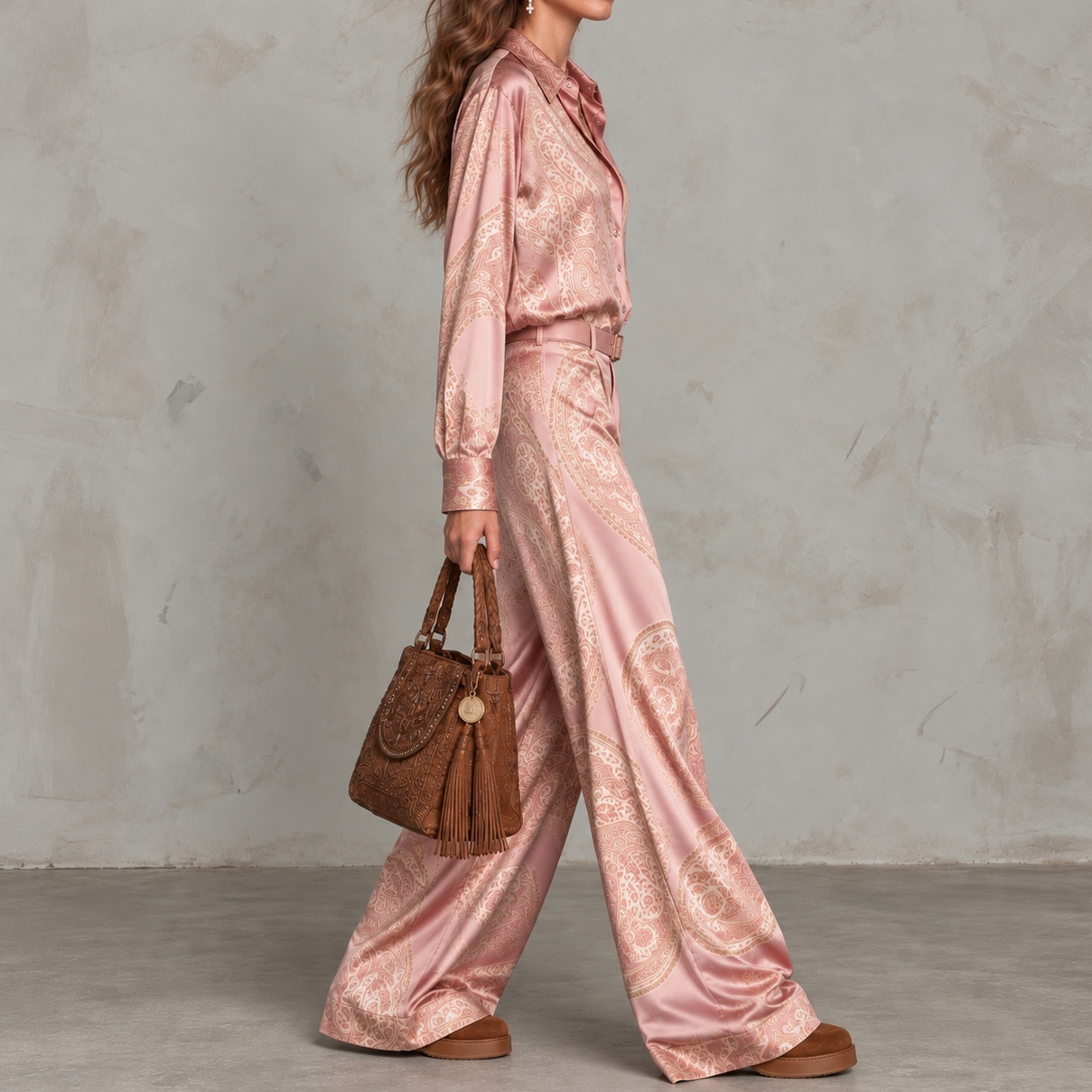 Paisley Print Long-sleeve Shirt And Wide-leg Trousers Set