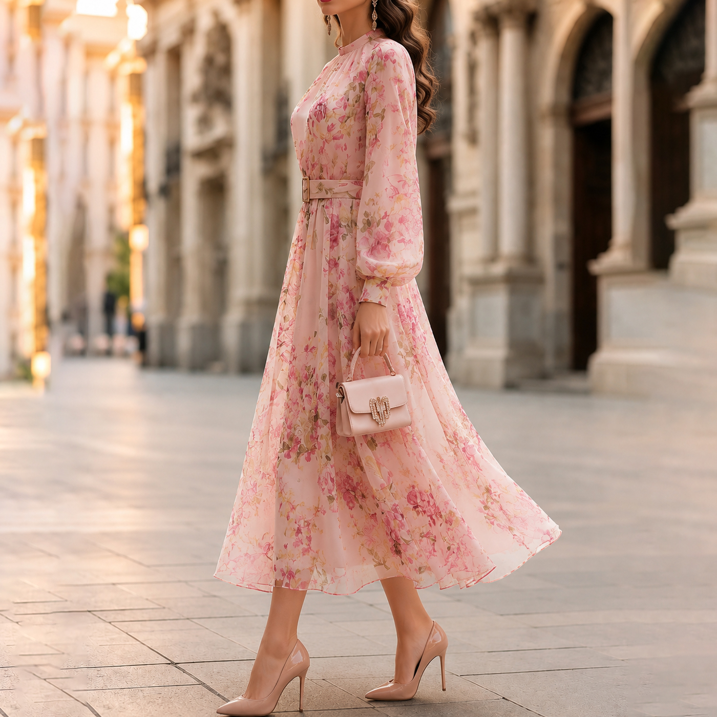 Elegant Printed Long-sleeved Fitted Waist Tie Maxi Dress