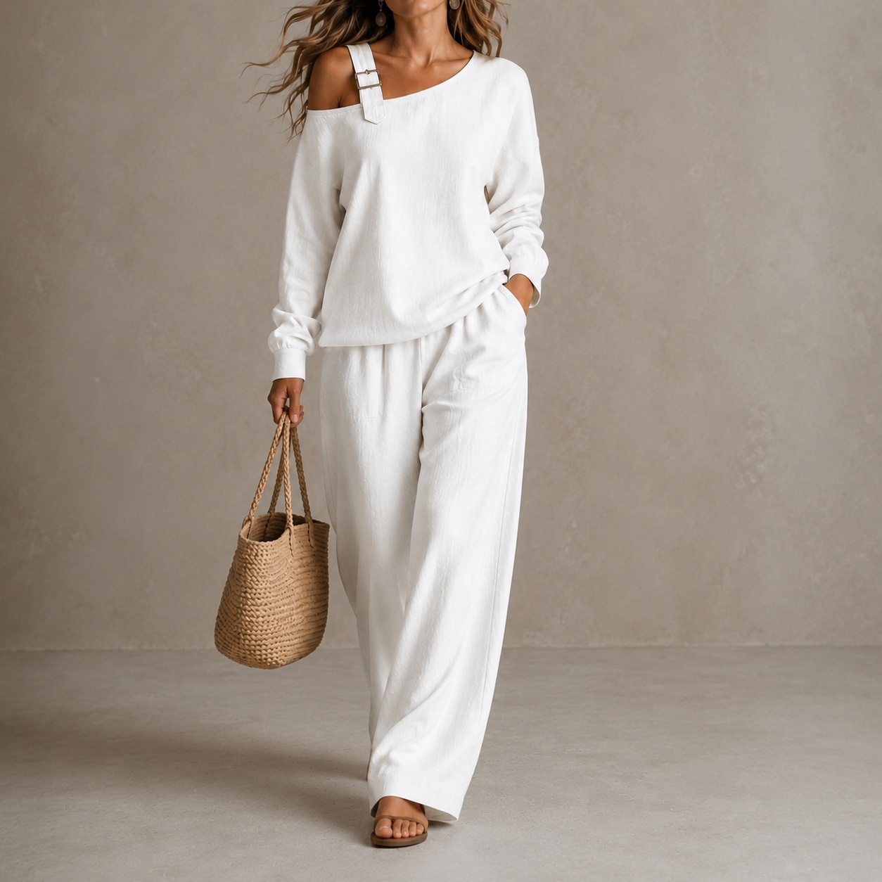 One-shoulder Long-sleeved Top And Loose Wide-leg Pants Two-piece Set