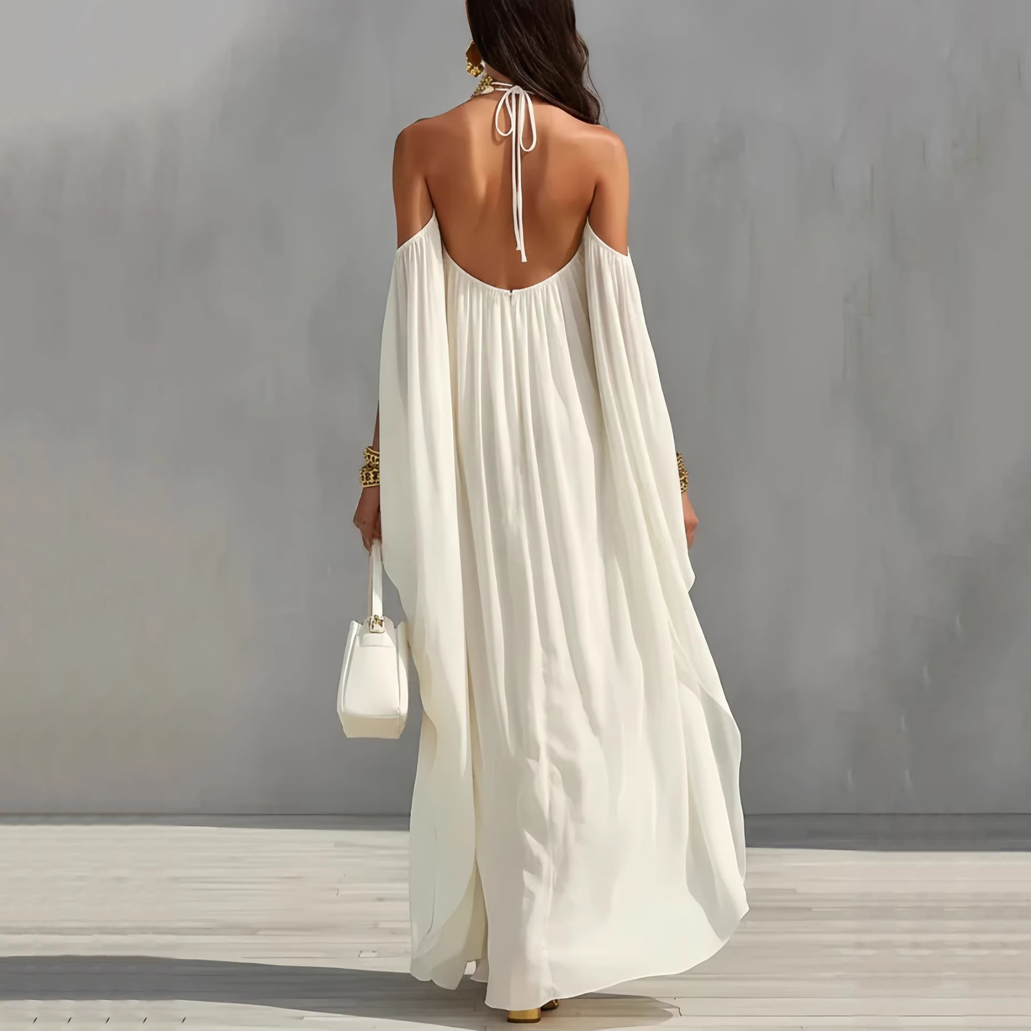 Fashion Chiffon Metal Halter Neck Off-shoulder Elegant Loose-fitting Maxi Dress