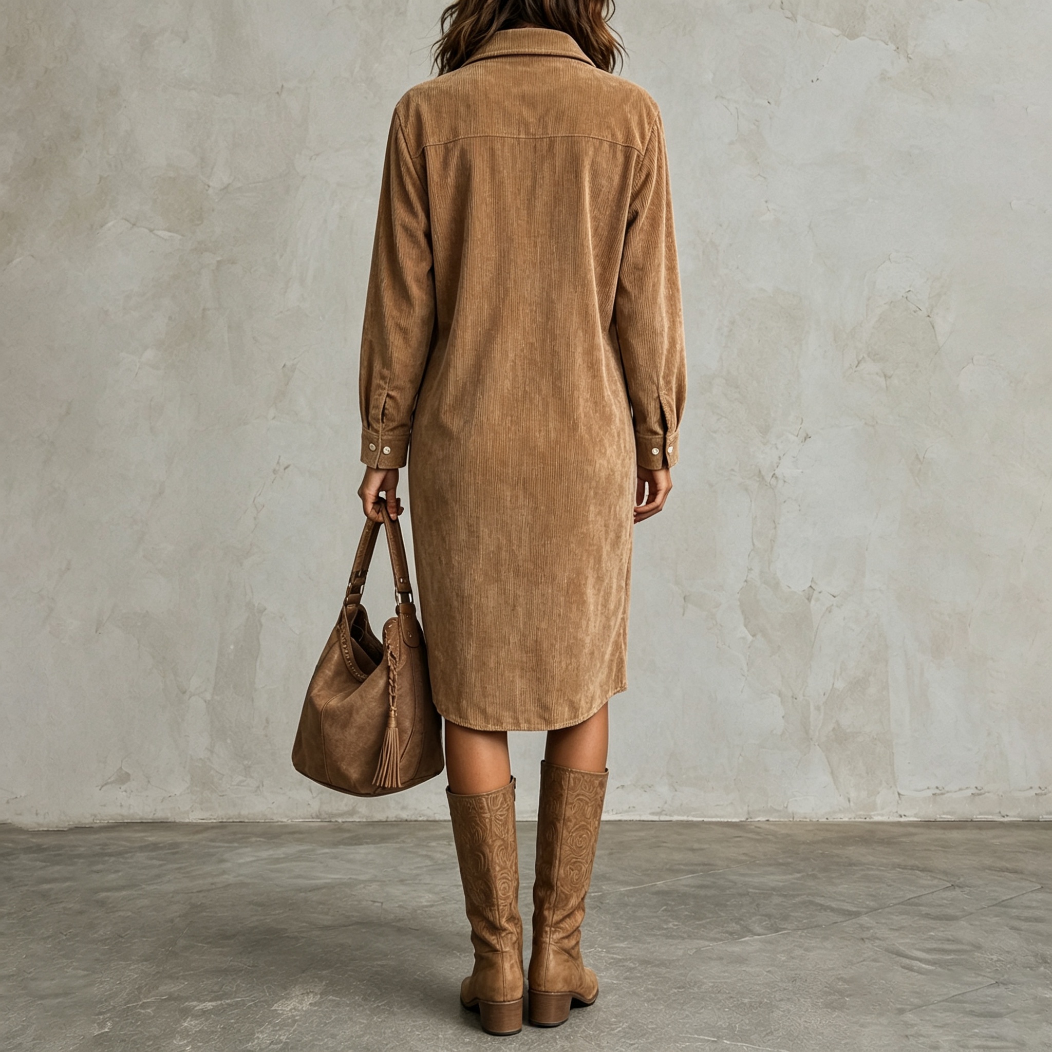 Elegant Corduroy Long-sleeved Collared Shirt Maxi Dress