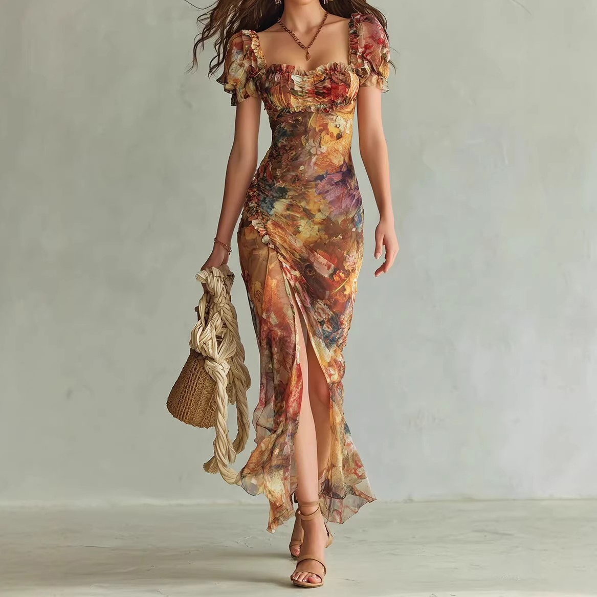 Retro Romantic Floral V-neck Fitted Waist Ruffles Maxi Dress