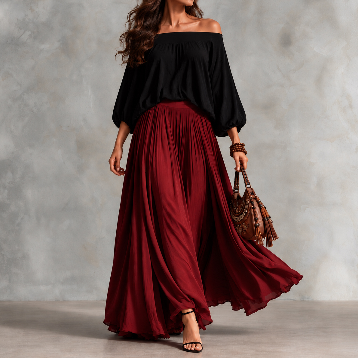 Elegance Solid-color Off-shoulder Top And Skirt Two-piece Set