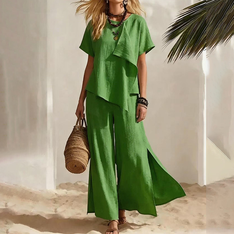Casual Irregular Tops With Slits And Wide-leg Pantstwo-piece Set